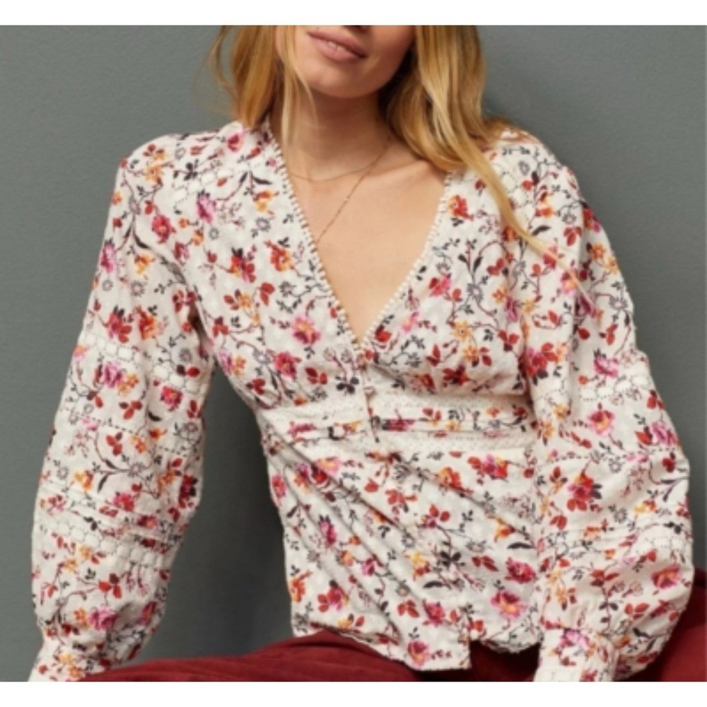 Anthropologie Ivory Floral Swiss Dot Lace Button Top 8 Peasant Boho Cottagecore